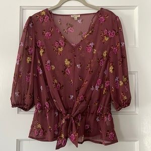 Maroon flower print 3/4 sleeve sheer top